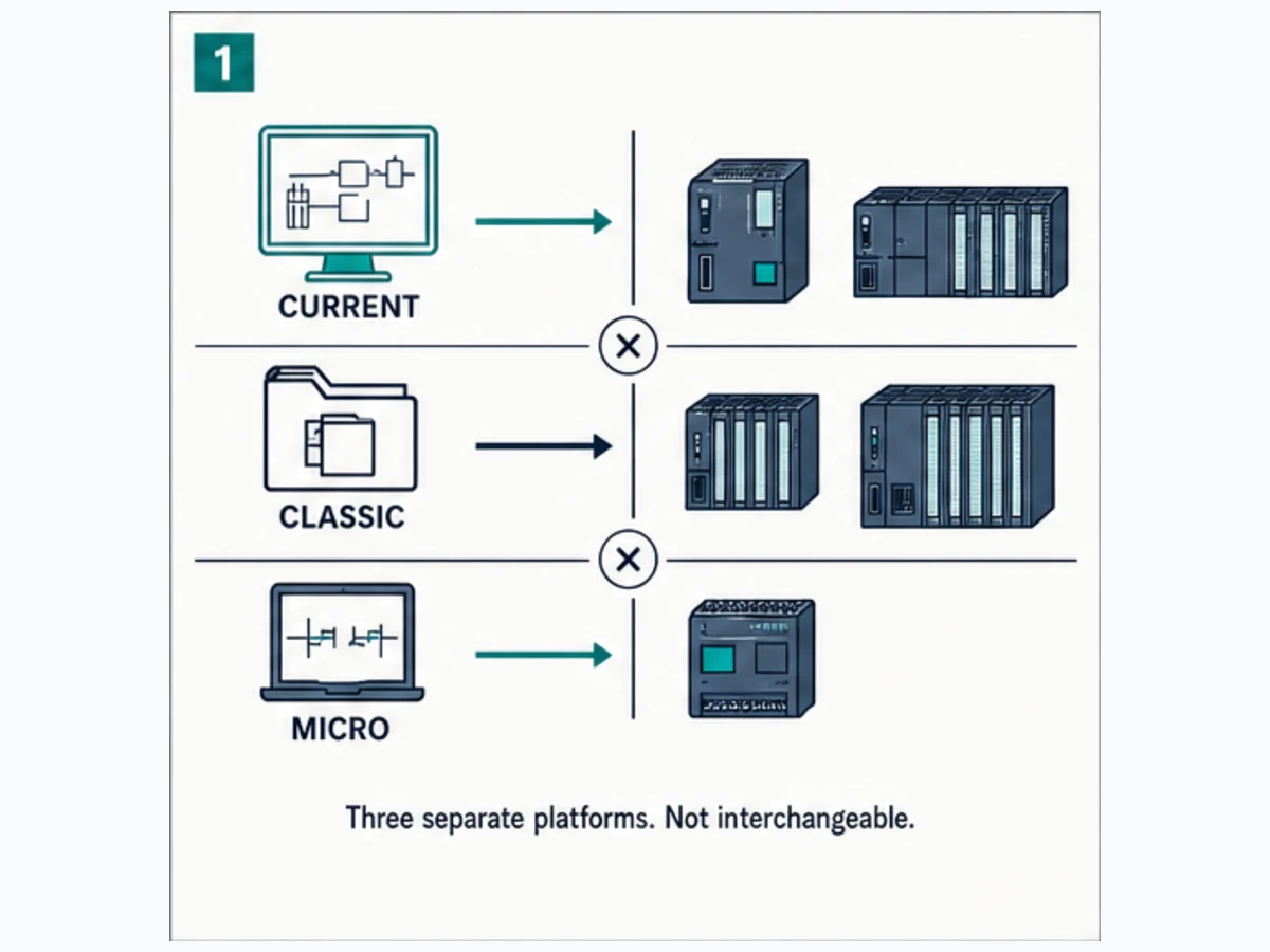 Siemens engineering family map separating traditional S7-200 Micro WIN S7-200 SMART Micro WIN SMART and S7-1200 TIA Portal