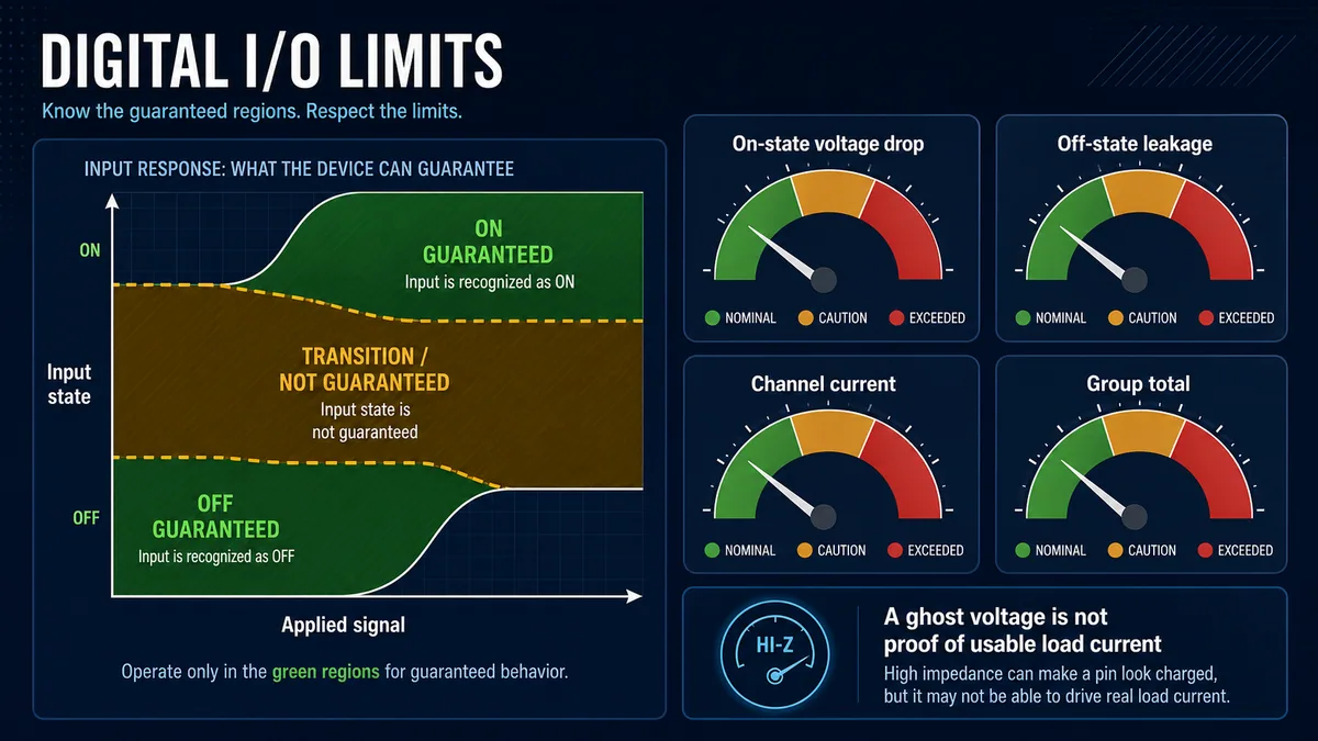 Abstract PLC digital IO limit chart with guaranteed OFF transition and ON regions plus voltage drop leakage and current gauges