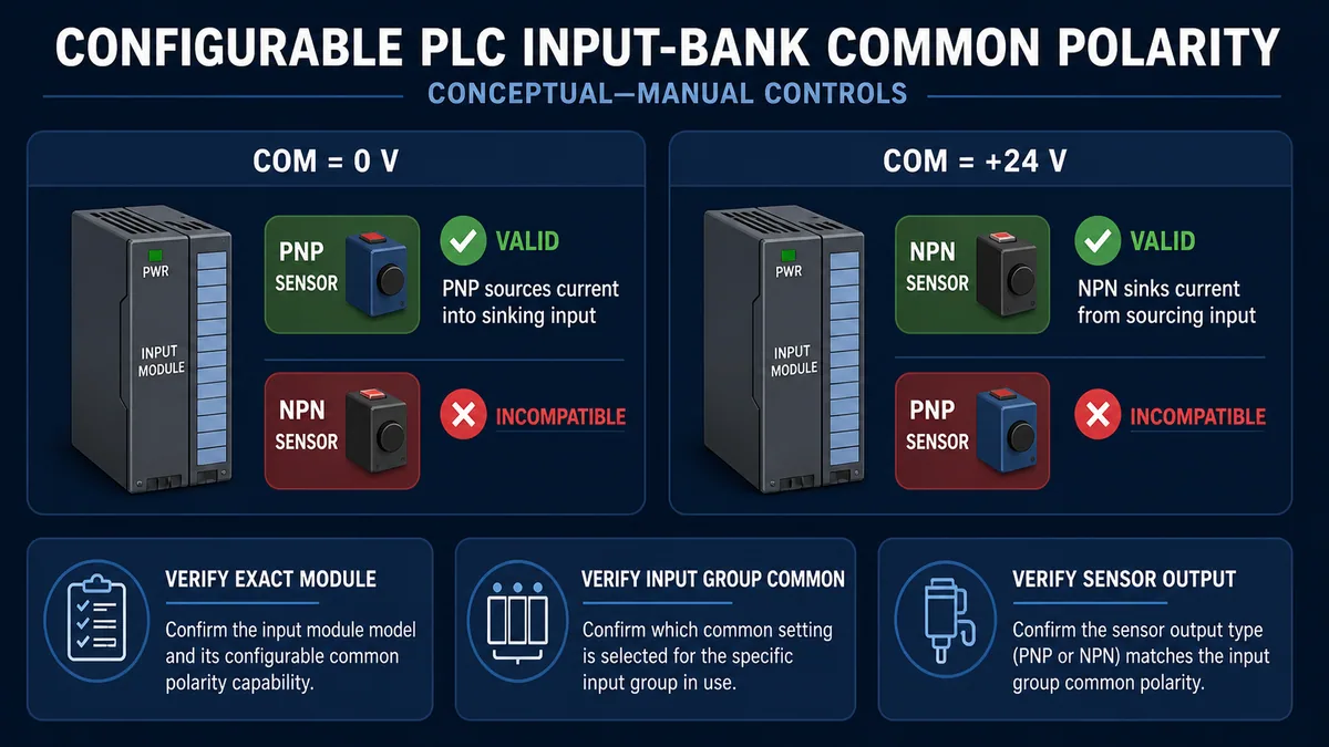 Conceptual PLC input-bank common polarity compatibility showing PNP sensor with sinking input and NPN sensor with sourcing input