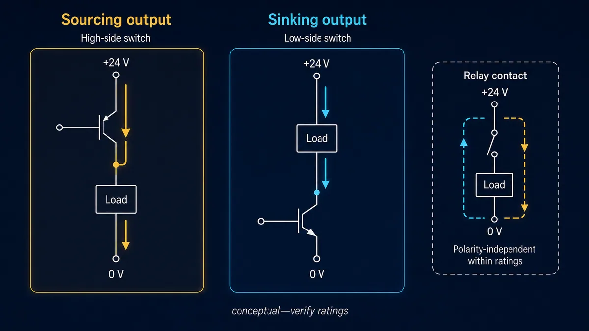 Conceptual sourcing high-side and sinking low-side PLC transistor output current paths beside an isolated relay contact