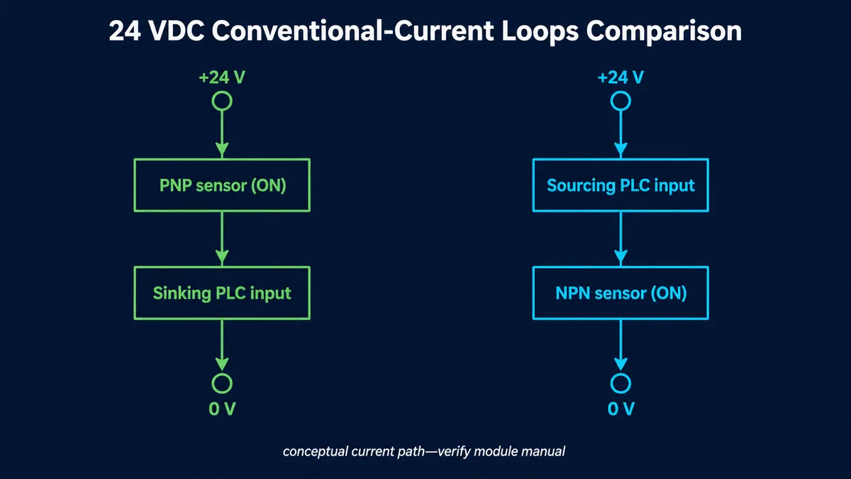 Two conceptual conventional-current loops showing PNP sensor into sinking PLC input and sourcing PLC input into NPN sensor