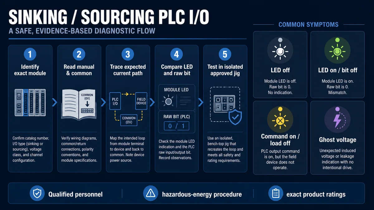 Safety-first sinking and sourcing PLC IO diagnostic flow from exact module and common through current path LED raw bit and isolated approved jig