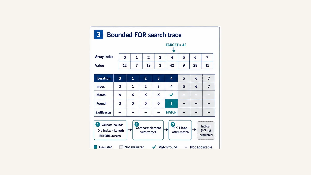 Bounded PLC Structured Text FOR search trace finding target 42 at array index 4 and exiting before indexes 5 through 7