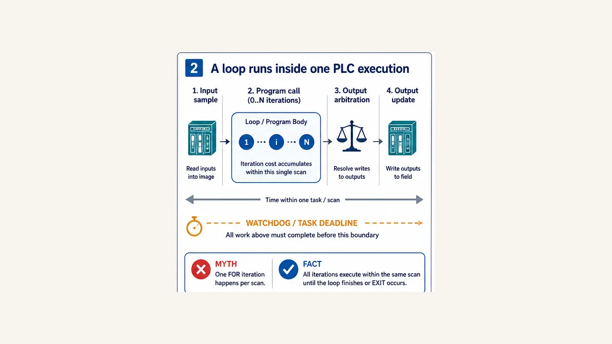 PLC task timeline showing all loop iterations inside one program execution before output arbitration and watchdog deadline