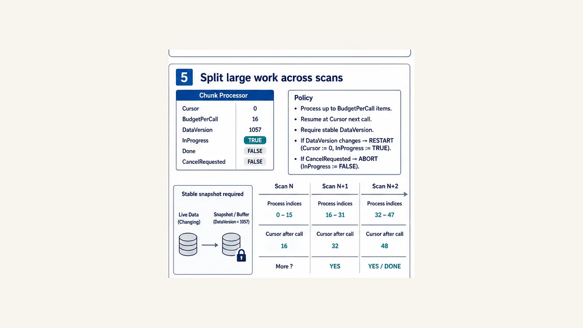 PLC Structured Text chunk processor splitting array work across scans with cursor budget per call and stable data version