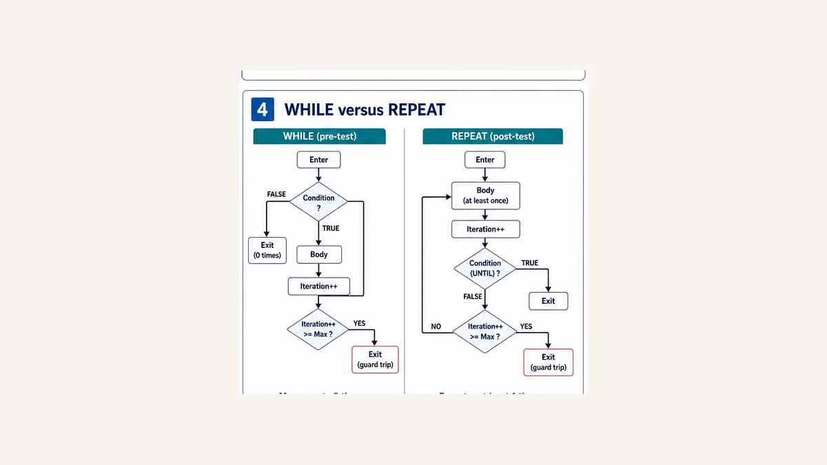 Side by side Structured Text WHILE pre-test and REPEAT post-test flowcharts with maximum iteration guards