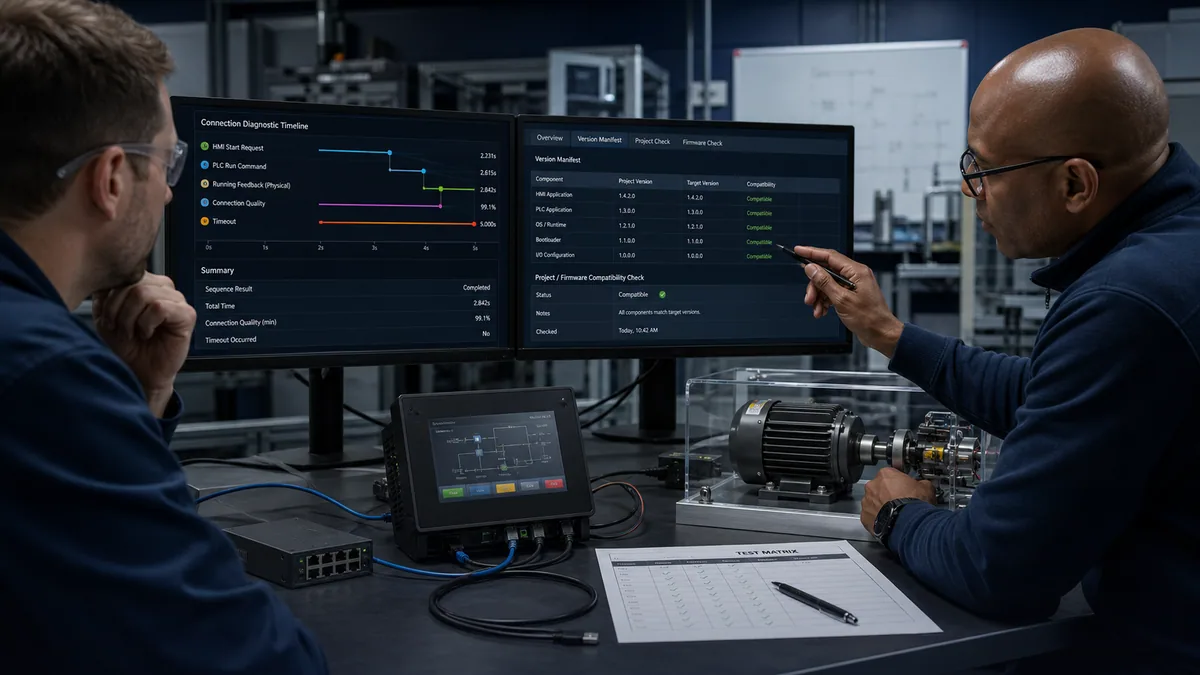 Generated editorial scene of engineers reviewing HMI request, PLC command, physical feedback, connection quality and firmware compatibility at an isolated controller bench