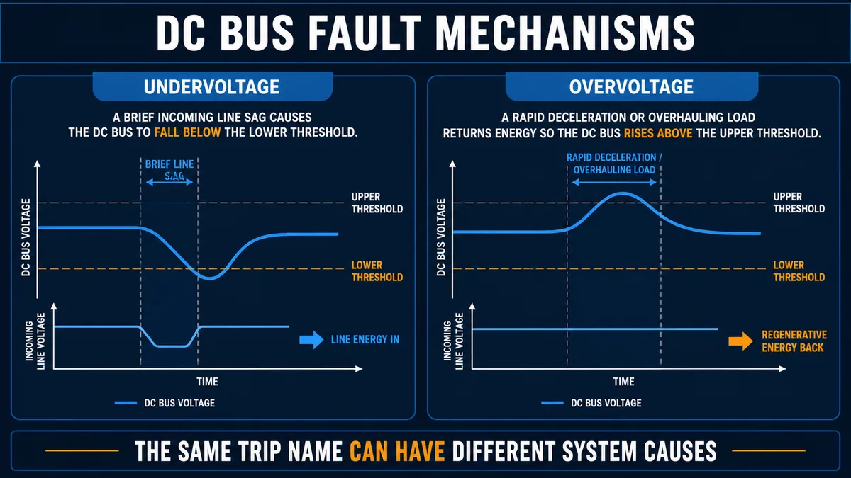 Conceptual comparison of VFD DC bus undervoltage from incoming line sag and overvoltage from regenerative energy during rapid deceleration