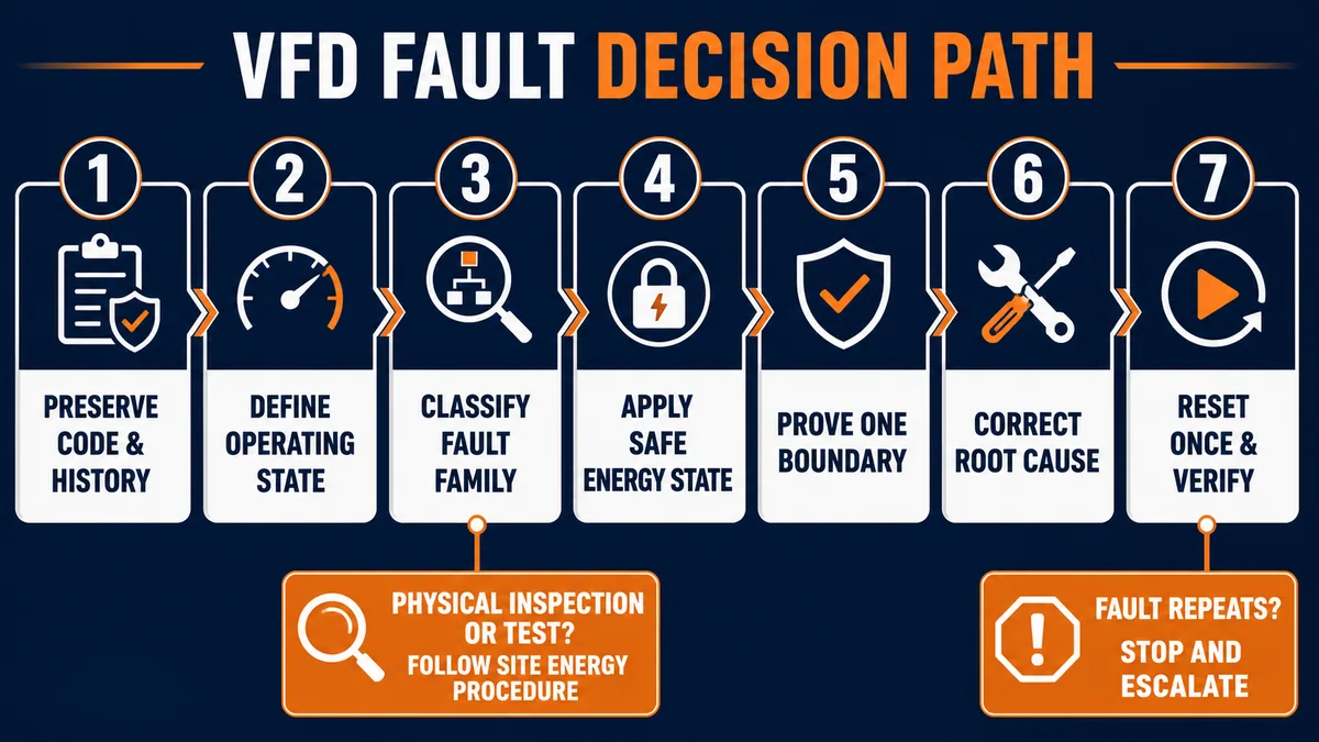 VFD fault decision path from preserving code and state through safe boundary proof, root-cause correction and one controlled reset verification
