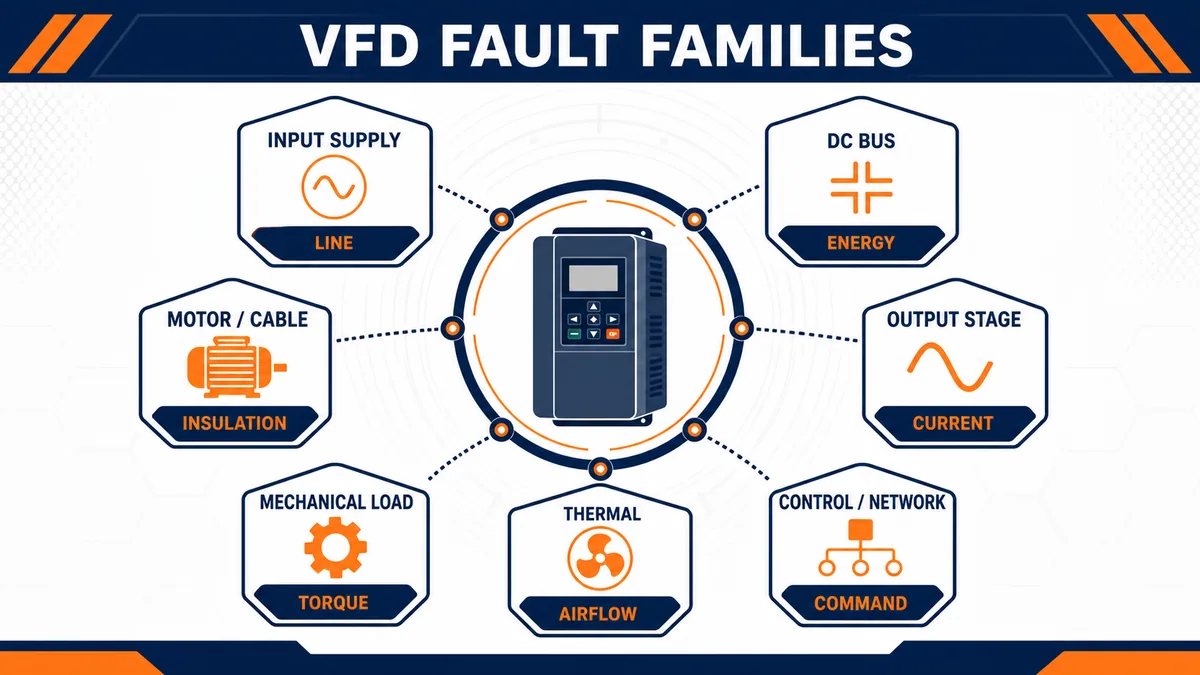 Conceptual VFD fault family map for input supply, DC bus, output stage, motor cable, mechanical load, thermal and control network causes