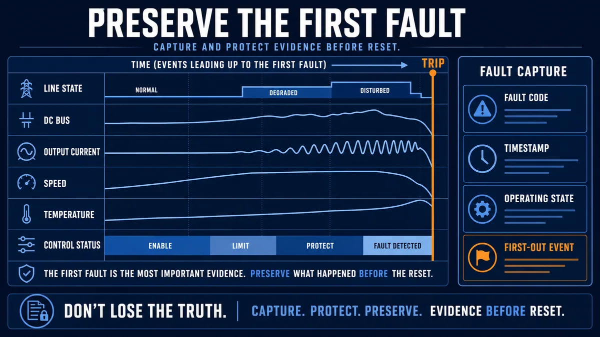Conceptual aligned VFD fault evidence timeline showing line state, DC bus, output current, speed, temperature, control status and first-out capture at trip