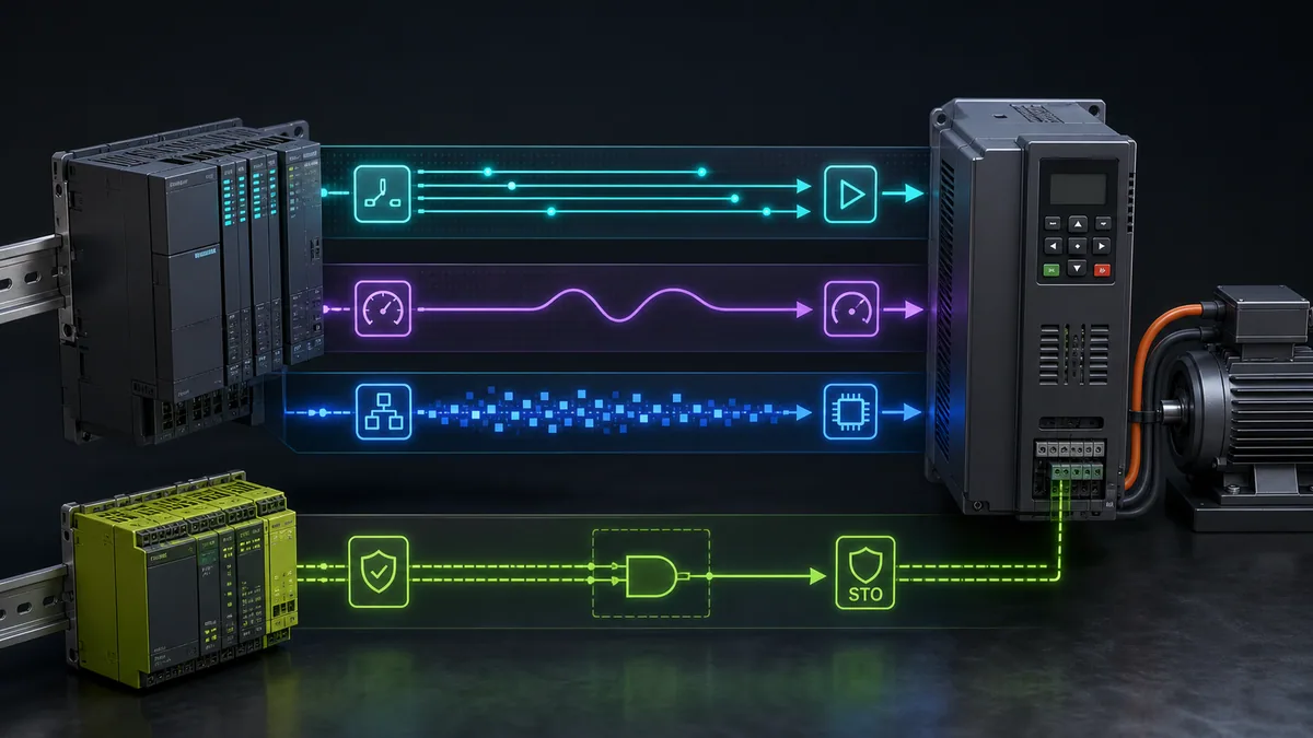 Conceptual PLC to VFD digital analog and industrial-network control lanes with a separate safety-controller STO path