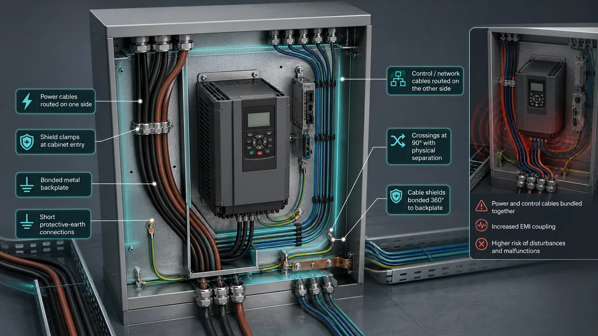 Conceptual VFD cabinet contrasting separated power and control routes with shield bonding against a poor bundled cable arrangement