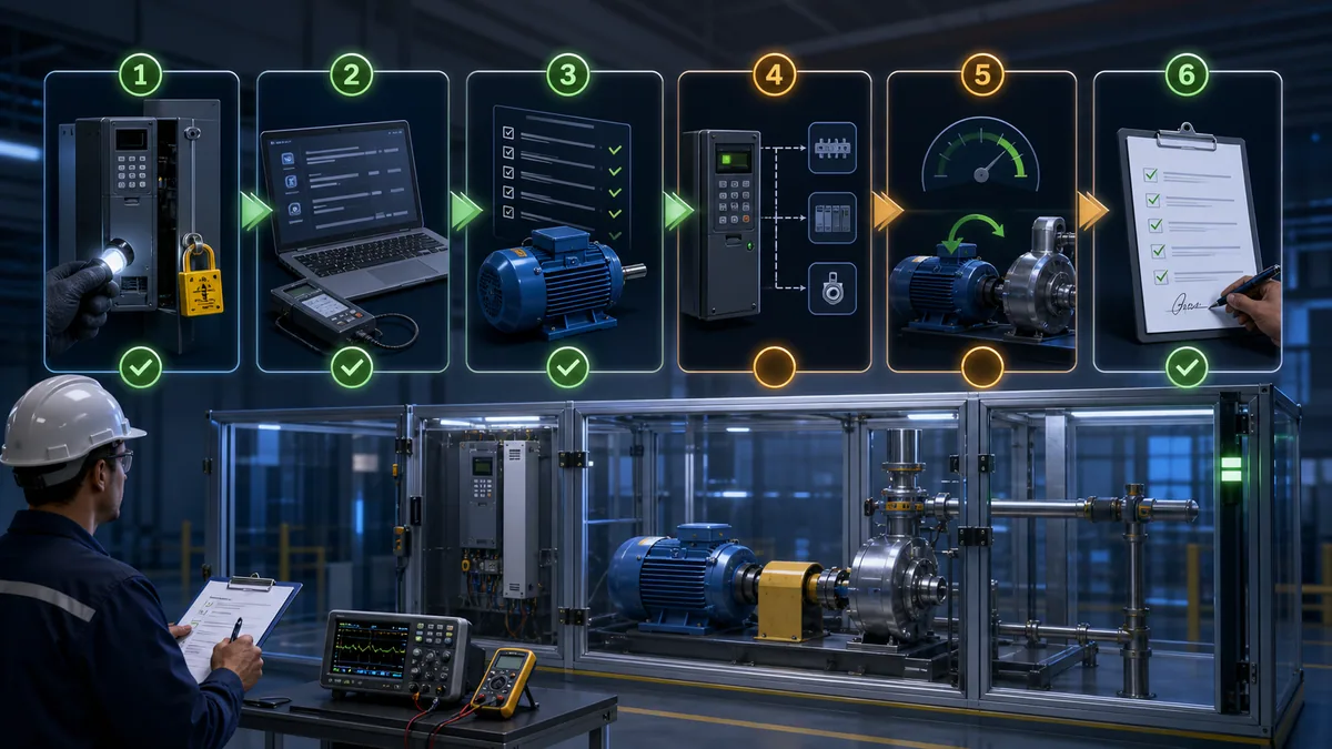 Conceptual six-gate VFD commissioning process from de-energized inspection through setup direction and load tests to documented handover