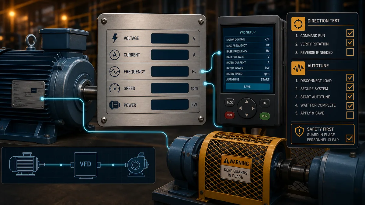 Conceptual motor nameplate fields connected to VFD motor configuration with guarded direction and autotune checks