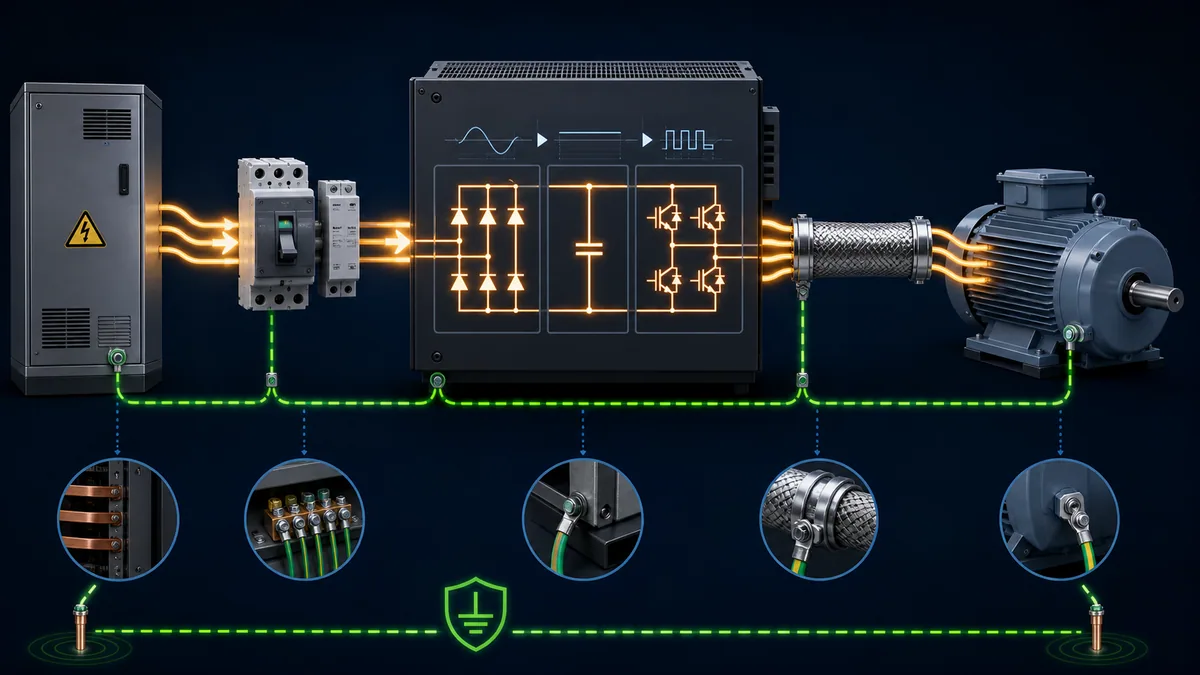 Conceptual facility supply protection VFD converter shielded motor cable motor and protective-earth path