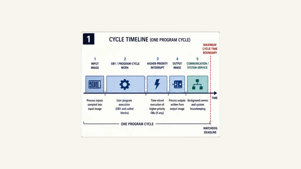 Siemens S7 program-cycle timeline with input image cyclic OB work higher-priority interrupt output image system service and maximum cycle boundary