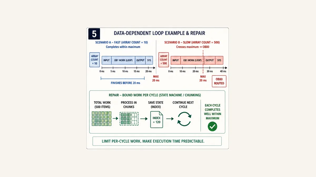 Siemens PLC data-dependent array loop crossing maximum cycle time and repaired by bounded multi-cycle chunking