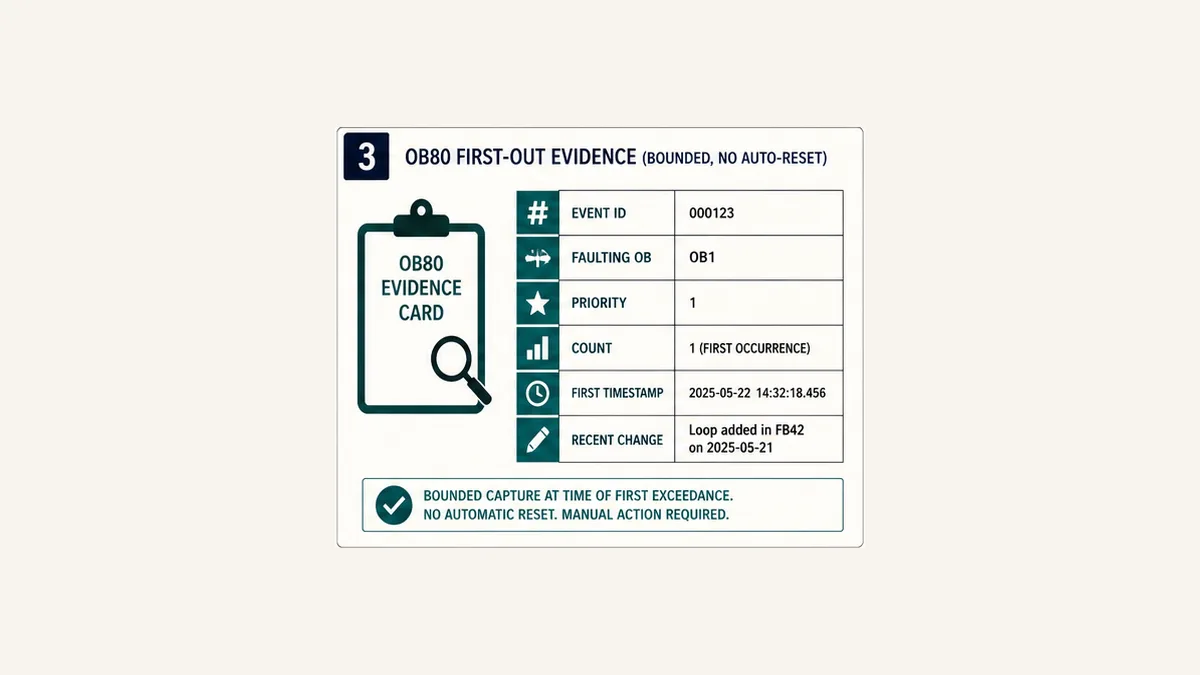 Bounded Siemens OB80 first-out evidence record with event faulting OB priority count timestamp and recent change