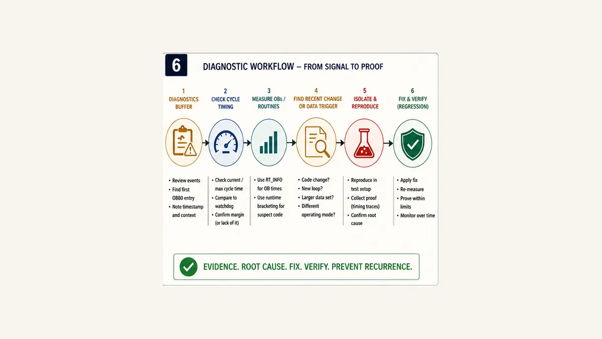 Siemens watchdog diagnostic workflow from diagnostics buffer and cycle timing through OB code data trigger reproduction repair and regression evidence