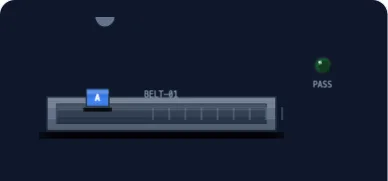 PLC simulator conveyor test panel showing a passing acceptance state