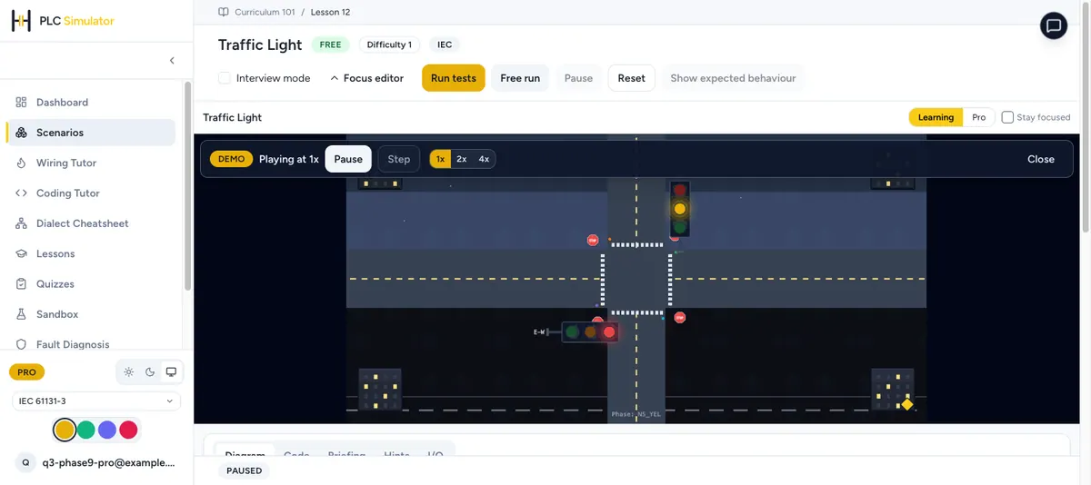 PLC Simulation Software traffic-light lesson with scenario controls, run tests, free run and IEC dialect selector