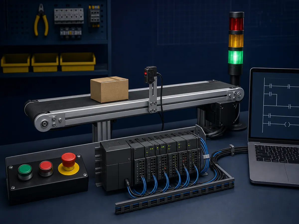 PLC training bench with a conveyor, photoelectric sensor, stack light, I/O rack and laptop displaying ladder logic