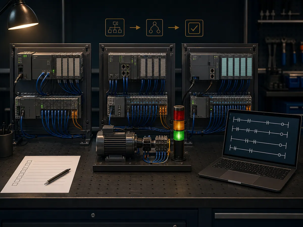 Three unbranded PLC training racks wired to the same motor and stack light beside a laptop showing ladder logic
