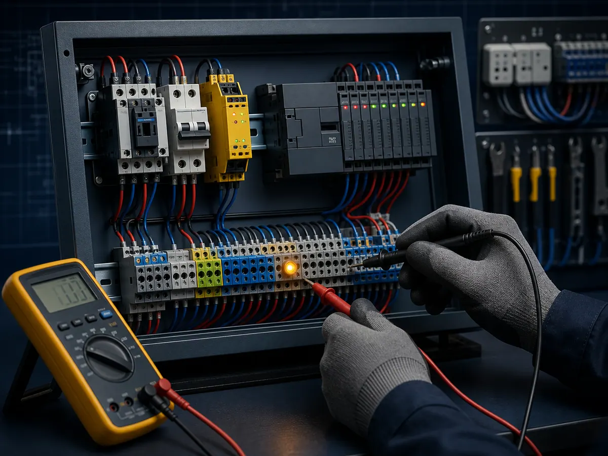Technician using a multimeter to diagnose a PLC training panel with contactors, safety relay, I/O modules and terminal blocks