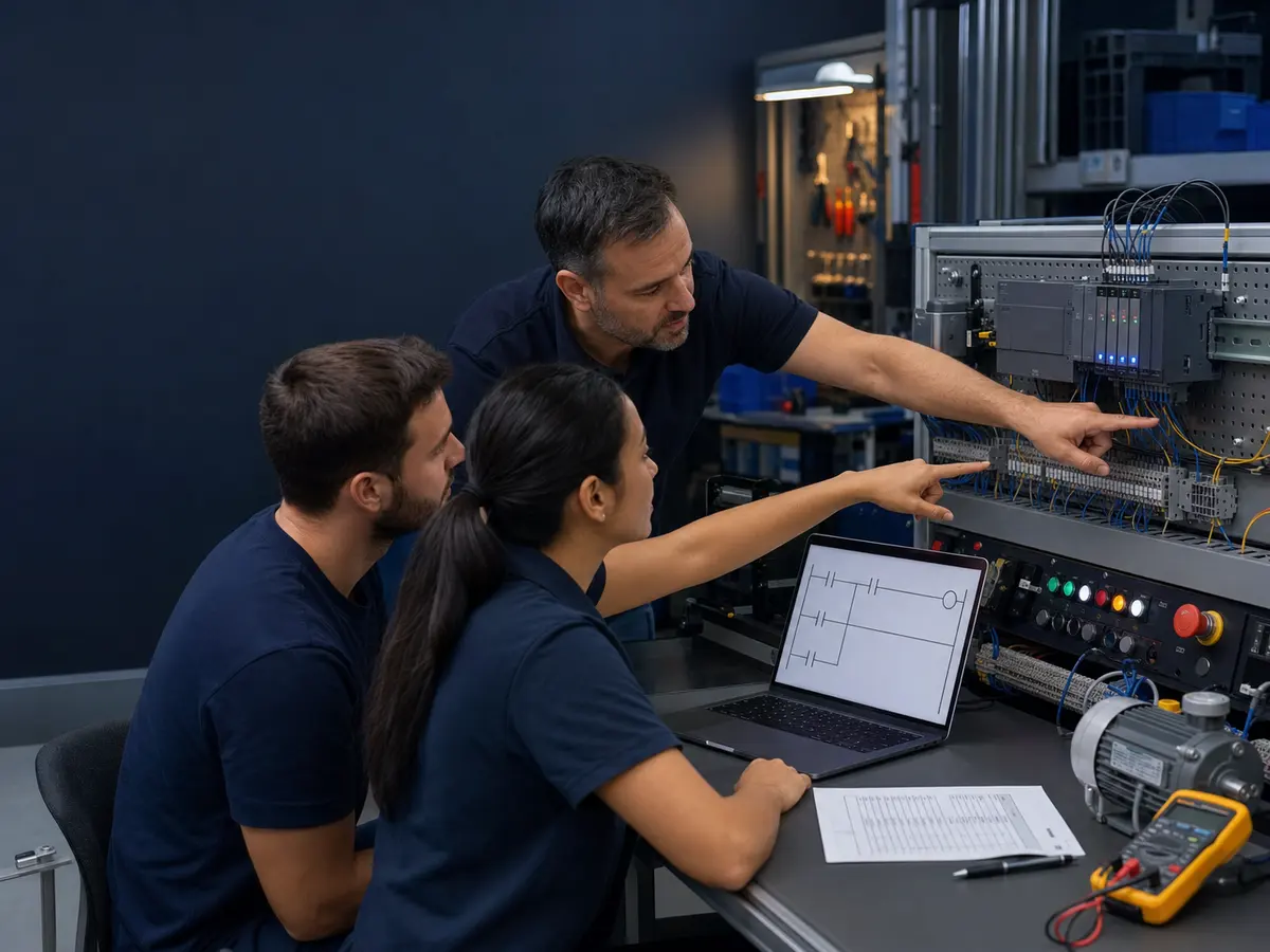 PLC instructor and two adult learners tracing ladder logic to an unbranded PLC training panel, terminal blocks, indicator lamps and a motor