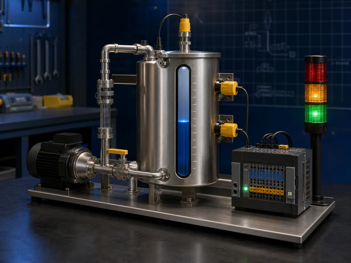 Stainless process tank training rig with level sensors, pump, PLC I/O and a red amber green stack light