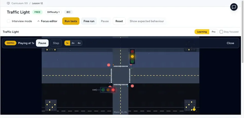 Real PLC Simulation Software training screen showing a traffic-light scenario, Run tests controls, playback speed, and live intersection state