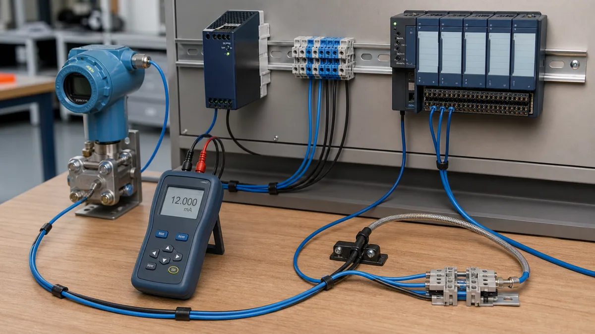 Safe low-voltage training loop with process transmitter 24 VDC source terminals calibrator and PLC analog input showing a twelve milliamp midpoint