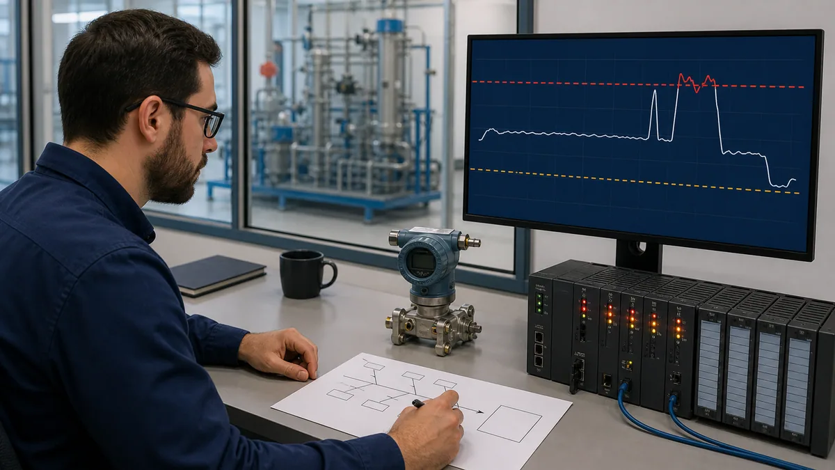 Controls engineer comparing a process instrument PLC rack trend limits and a cause-and-effect worksheet in a control laboratory