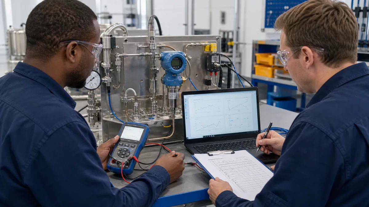 Instrumentation technician and controls engineer comparing a calibrator process transmitter PLC trend and loop-check record on an isolated training skid