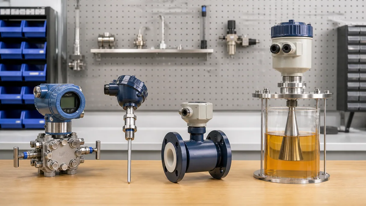 Unbranded pressure temperature flow and radar level instruments arranged on an instrumentation workshop bench