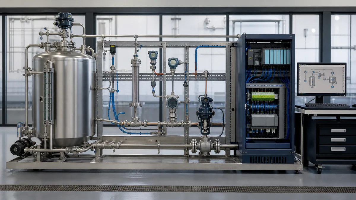 Process training skid with vessel instruments piping control valve PLC cabinet and operator workstation representing the complete instrumentation chain