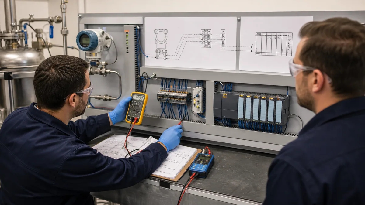 Two technicians diagnosing a safe training loop from field transmitter through terminals and PLC input using meter calibrator and controlled drawings
