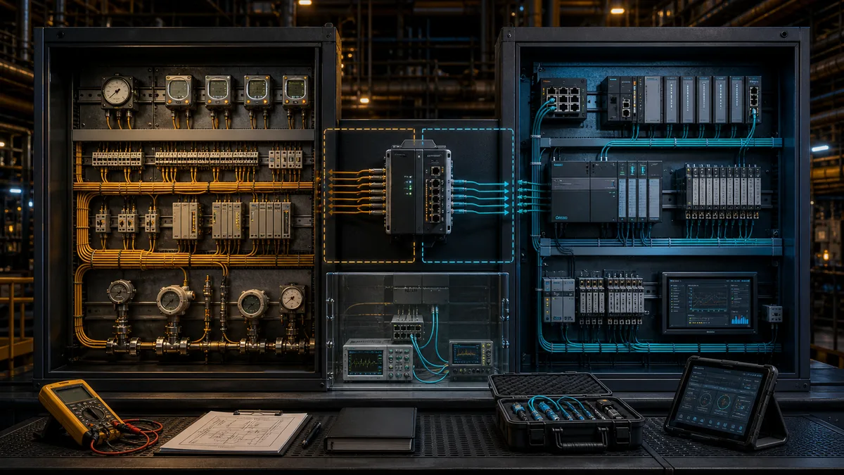 Brownfield control cabinets showing a staged bridge from a legacy field network to a validated industrial Ethernet architecture.