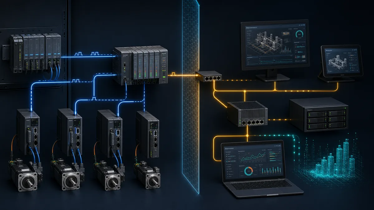 Cyclic PLC and drive traffic separated from supervisory HMI historian and analytics traffic on an industrial network.