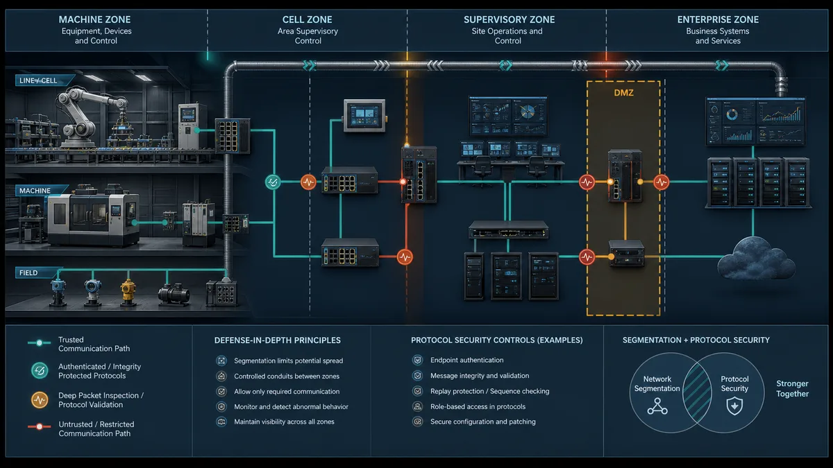 Industrial defense in depth architecture with separated machine cell supervisory DMZ and enterprise communication zones.