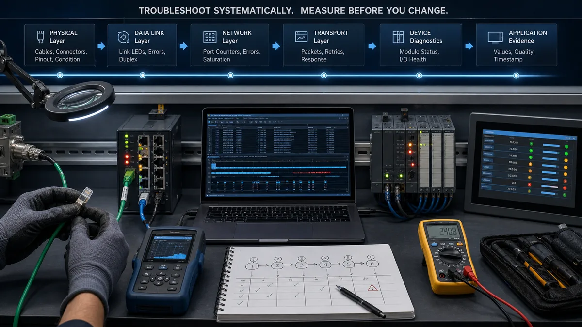 Industrial network troubleshooting bench progressing from cable inspection through switch counters packet capture PLC diagnostics and application values.