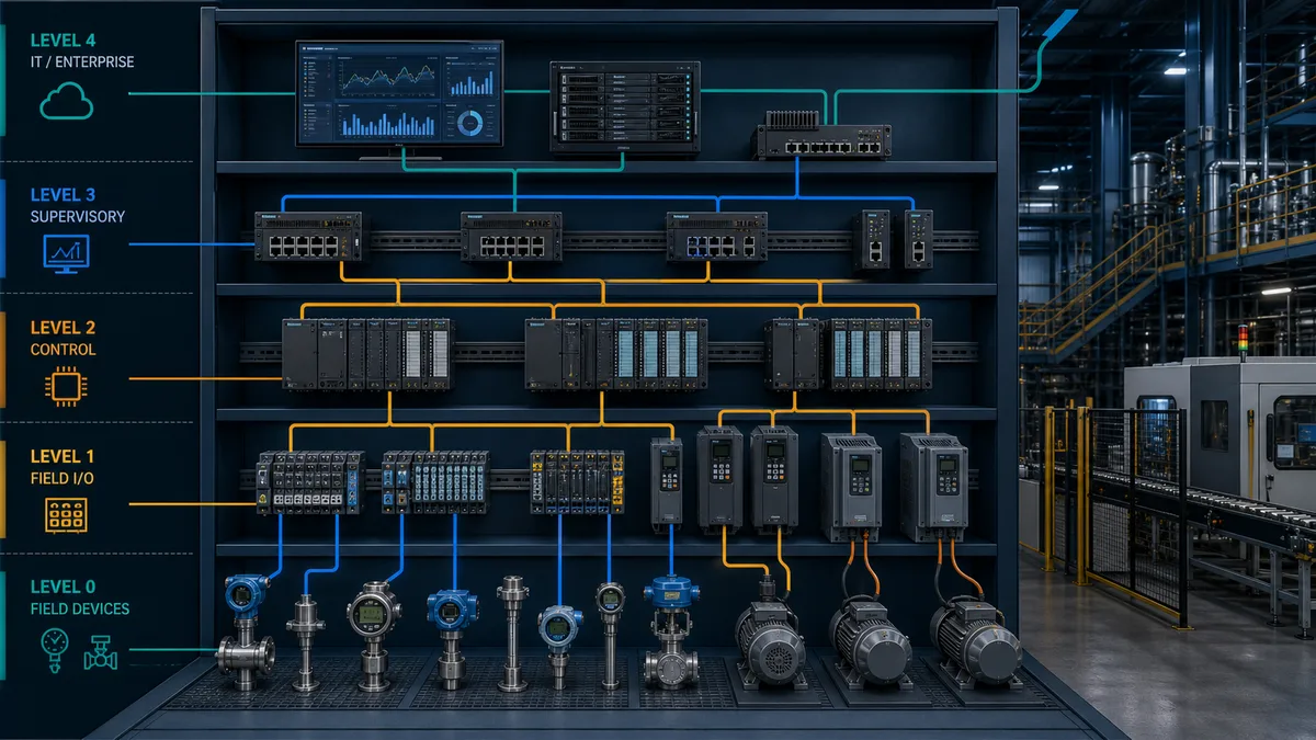 Layered industrial control network connecting field instruments and drives through remote I O, controllers, switches and supervisory systems.
