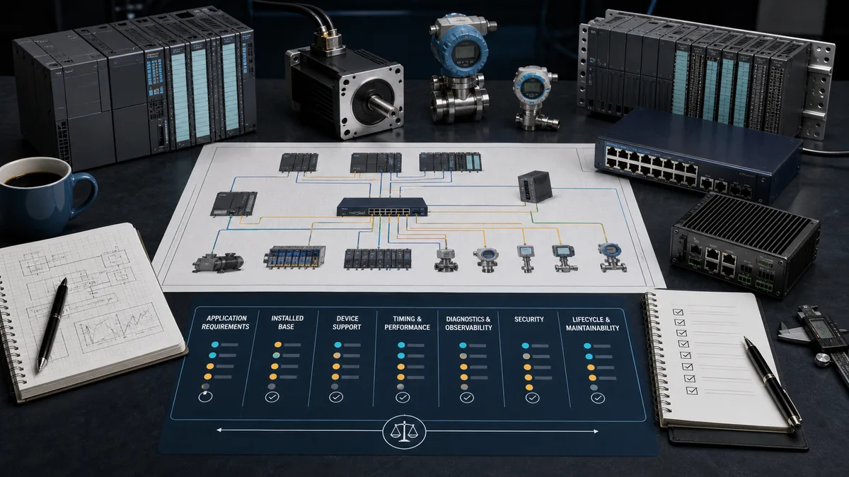 Industrial protocol selection workbench with PLC I O motion instruments network hardware and a requirements scorecard.