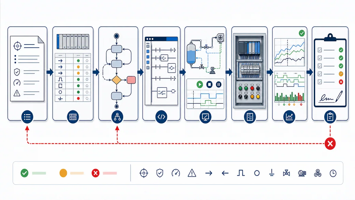 Eight-stage PLC application evidence chain from requirement and I/O list through state model, code, simulation, isolated panel test, trace evidence and acceptance record