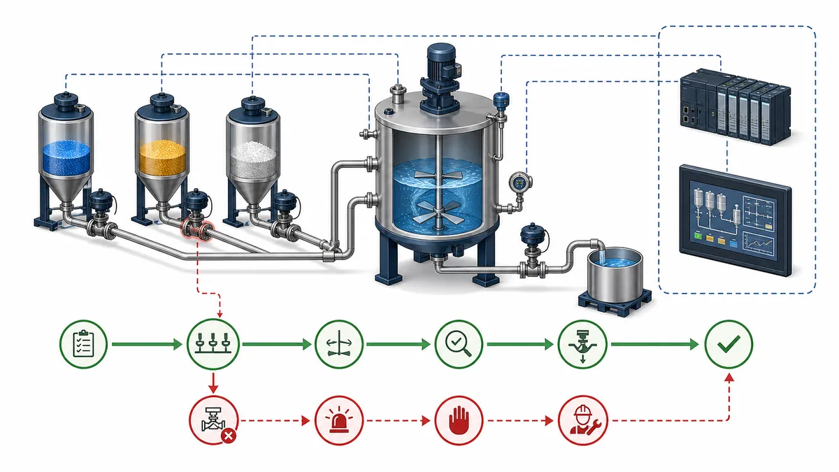 Three ingredient vessels feeding a weigh-and-mix tank with valve feedback, agitator, discharge path, PLC boundary, normal procedural states and a failed-valve branch