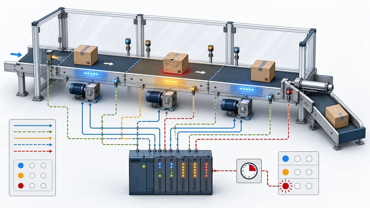 Three-zone guarded conveyor with carton sensors, separate motors, reject actuator, generic PLC signal paths and a highlighted transfer timeout fault