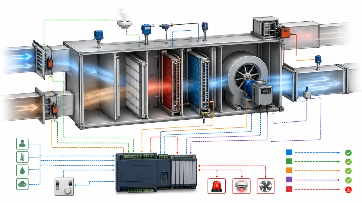 Cutaway air-handling unit with dampers, filters, heating and cooling coils, VFD fan, duct sensors, controller signals and separate proof and fault paths