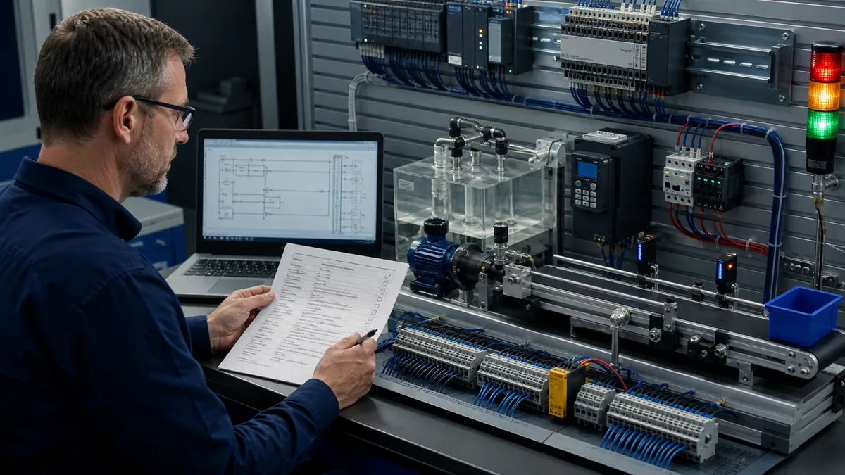Controls engineer reviewing an acceptance checklist at a generic PLC workbench containing a conveyor, process tank, pump, VFD, sensors and wired I/O