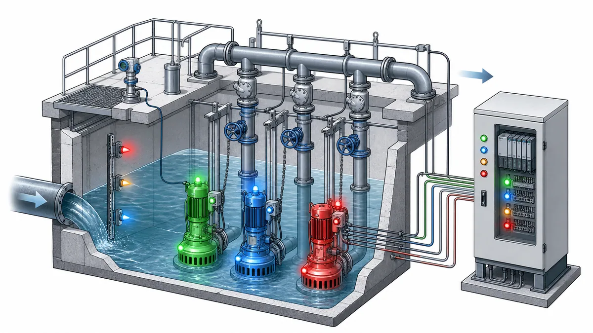 Cutaway wet-well pump station with three pumps, level instruments, common discharge header, generic PLC cabinet and distinct running, available and fault cues